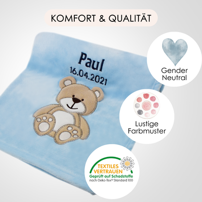 Decke Blau Mit Bär | Babydecke Bestickt mit Namen und Geburtsdatum