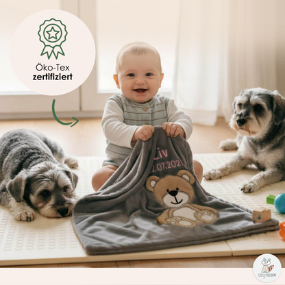 Decke Grau Mit Bär | Babydecke Bestickt mit Namen und Geburtsdatum