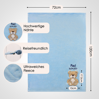 Decke Blau Mit Bär | Babydecke Bestickt mit Namen und Geburtsdatum