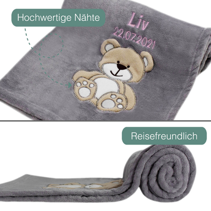 Decke Grau Mit Bär | Babydecke Bestickt mit Namen und Geburtsdatum