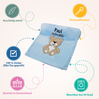 Decke Blau Mit Bär | Babydecke Bestickt mit Namen und Geburtsdatum