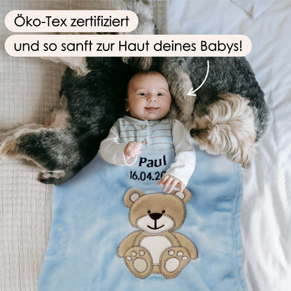 Decke Blau Mit Bär | Babydecke Bestickt mit Namen und Geburtsdatum