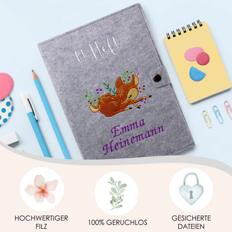 Rehkitz U-Heft und Impfpasshülle aus Filz Mit Personalisierung