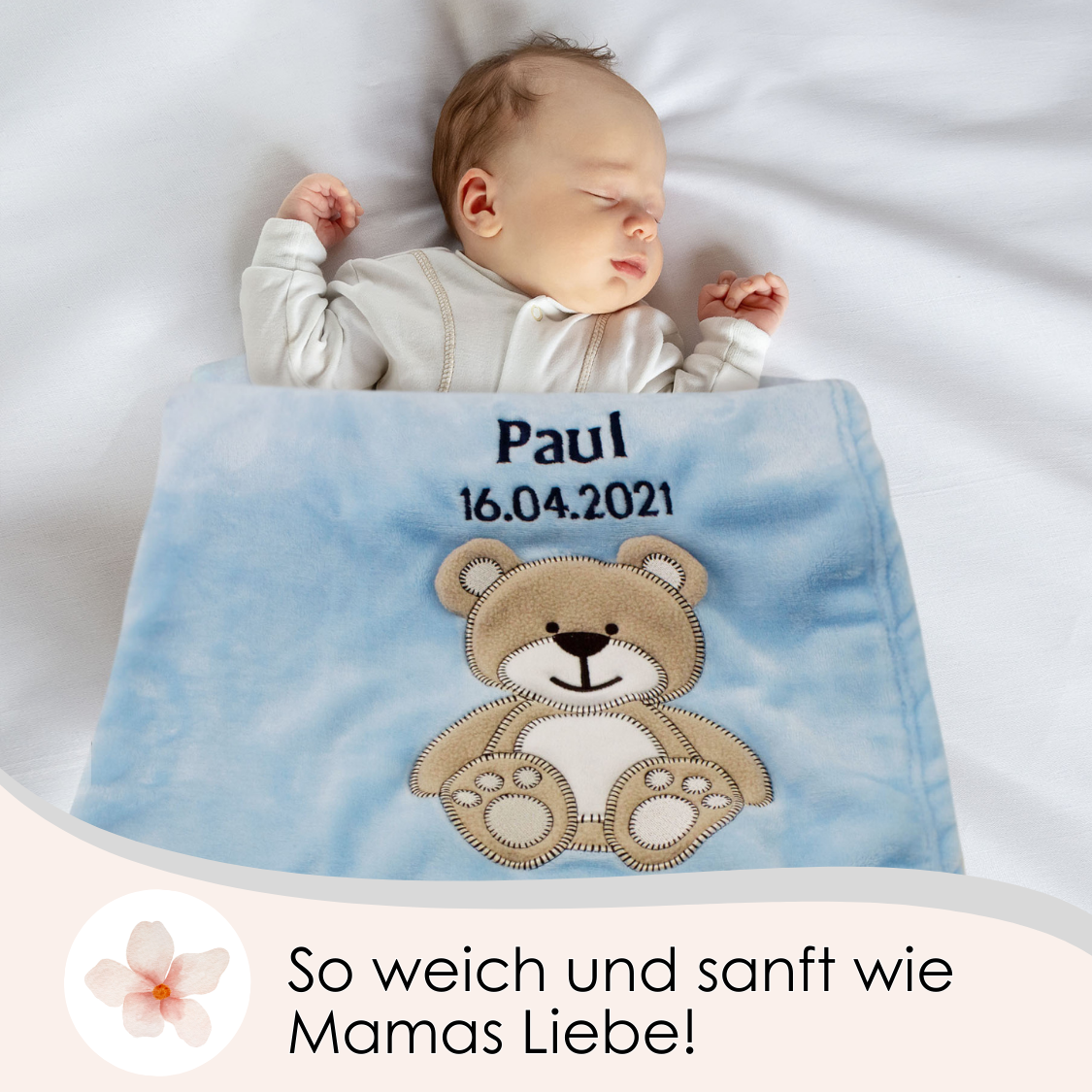 Decke Blau Mit Bär | Babydecke Bestickt mit Namen und Geburtsdatum