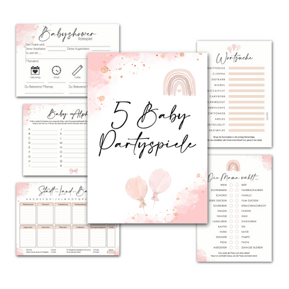 Rosa | 5 Babyparty Spiele für 12 Spieler - Babyparty Geschenk, Karten zum Ausfüllen Partyspiele Babyshower