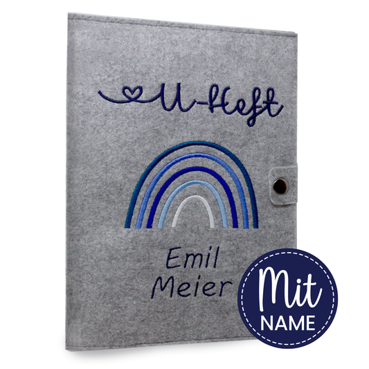 Regenbogen Blau U-Heft und Impfpasshülle aus Filz Mit Personalisierung