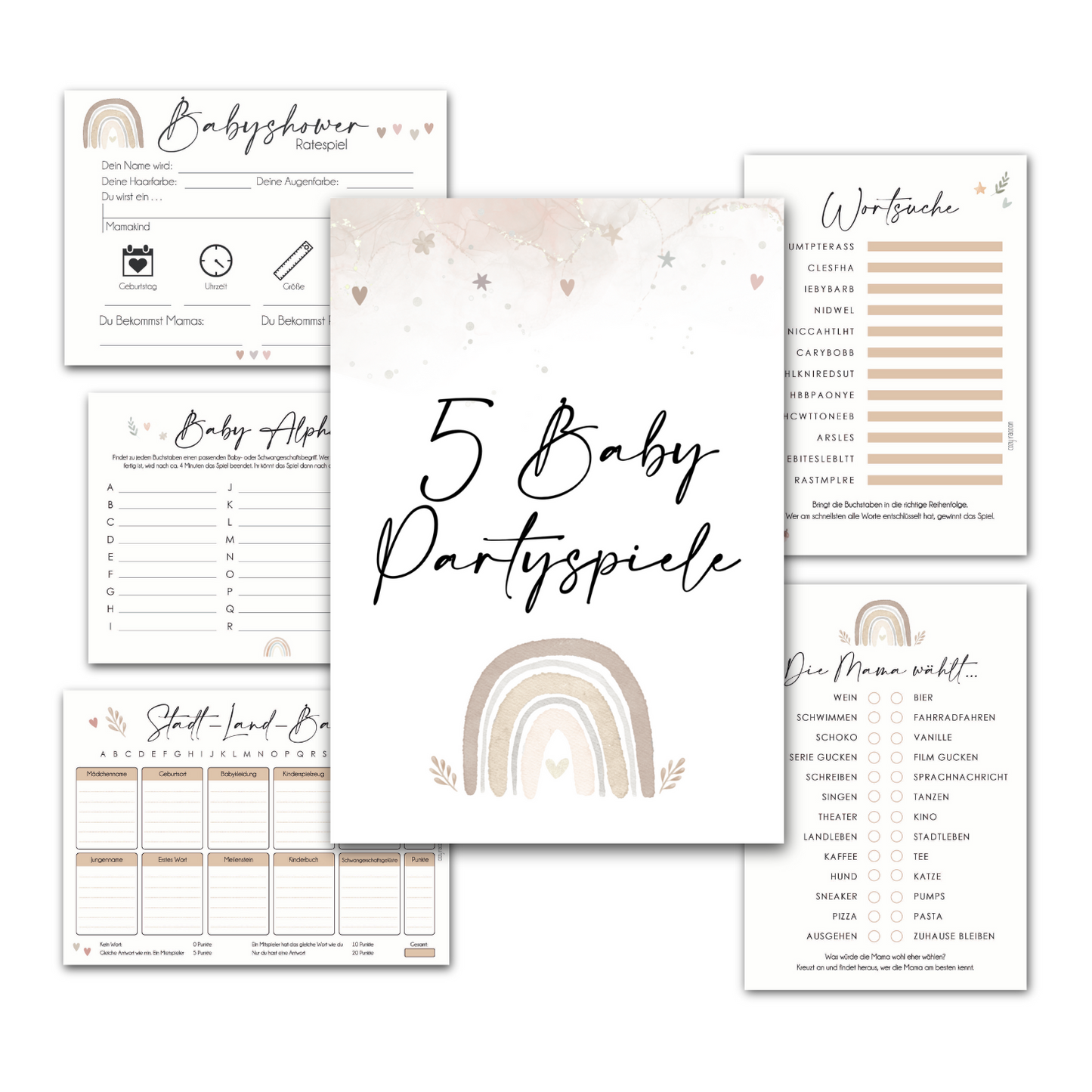 Glamour | 5 Babyparty Spiele für 12 Spieler - Babyparty Geschenk, Karten zum Ausfüllen Partyspiele Babyshower