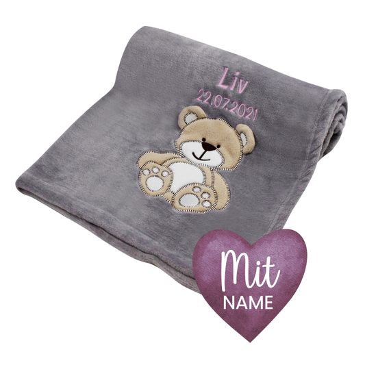 Decke Grau Mit Bär | Babydecke Bestickt mit Namen und Geburtsdatum