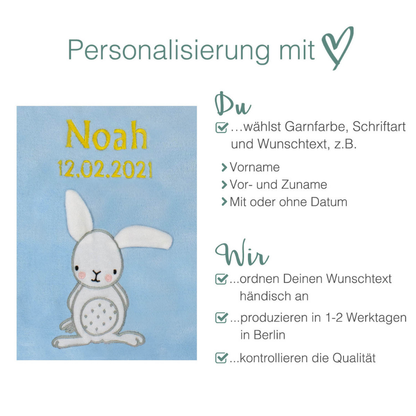 Decke Blau Mit Hase | Babydecke Bestickt mit Namen und Geburtsdatum