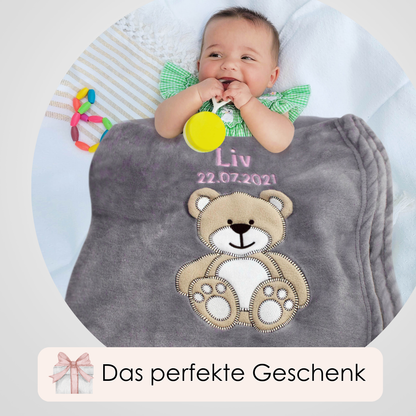 Decke Grau Mit Bär | Babydecke Bestickt mit Namen und Geburtsdatum