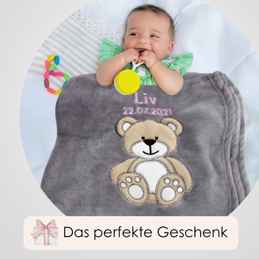 Decke Grau Mit Bär | Babydecke Bestickt mit Namen und Geburtsdatum