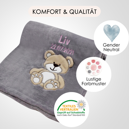 Decke Grau Mit Bär | Babydecke Bestickt mit Namen und Geburtsdatum