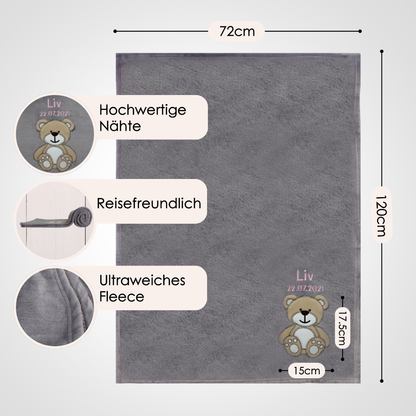 Decke Grau Mit Bär | Babydecke Bestickt mit Namen und Geburtsdatum