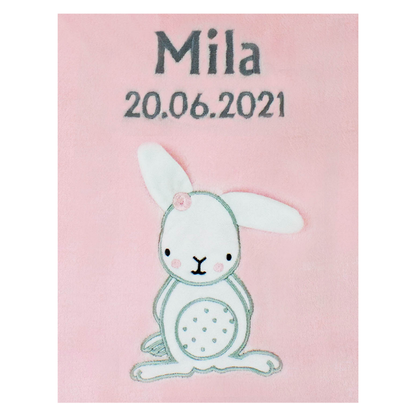 Decke Rosa Mit Hase | Babydecke Bestickt mit Namen und Geburtsdatum