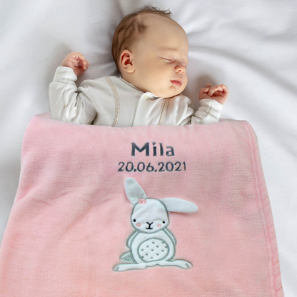 Decke Rosa Mit Hase | Babydecke Bestickt mit Namen und Geburtsdatum