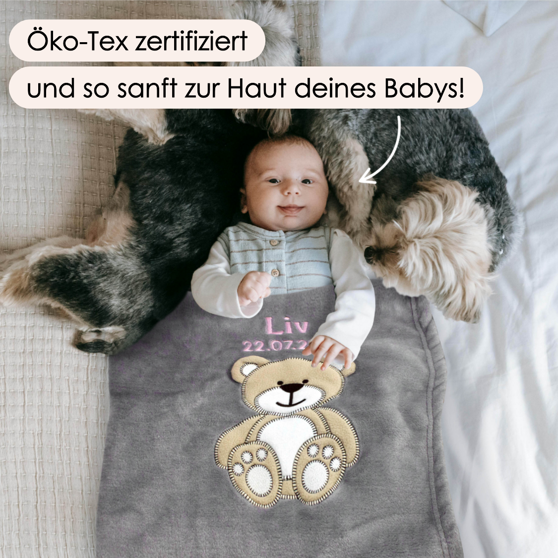 Decke Grau Mit Bär | Babydecke Bestickt mit Namen und Geburtsdatum