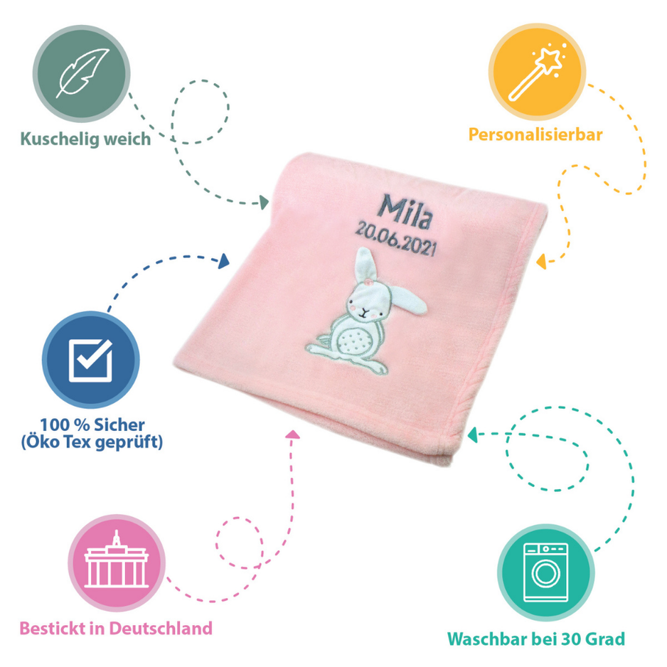Decke Rosa Mit Hase | Babydecke Bestickt mit Namen und Geburtsdatum
