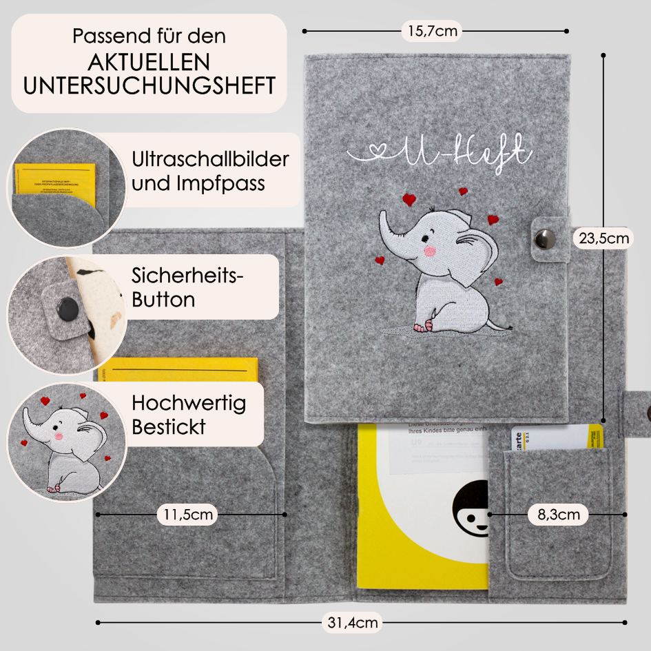 Elefant U-Heft und Impfpasshülle aus Filz Ohne Personalisierung