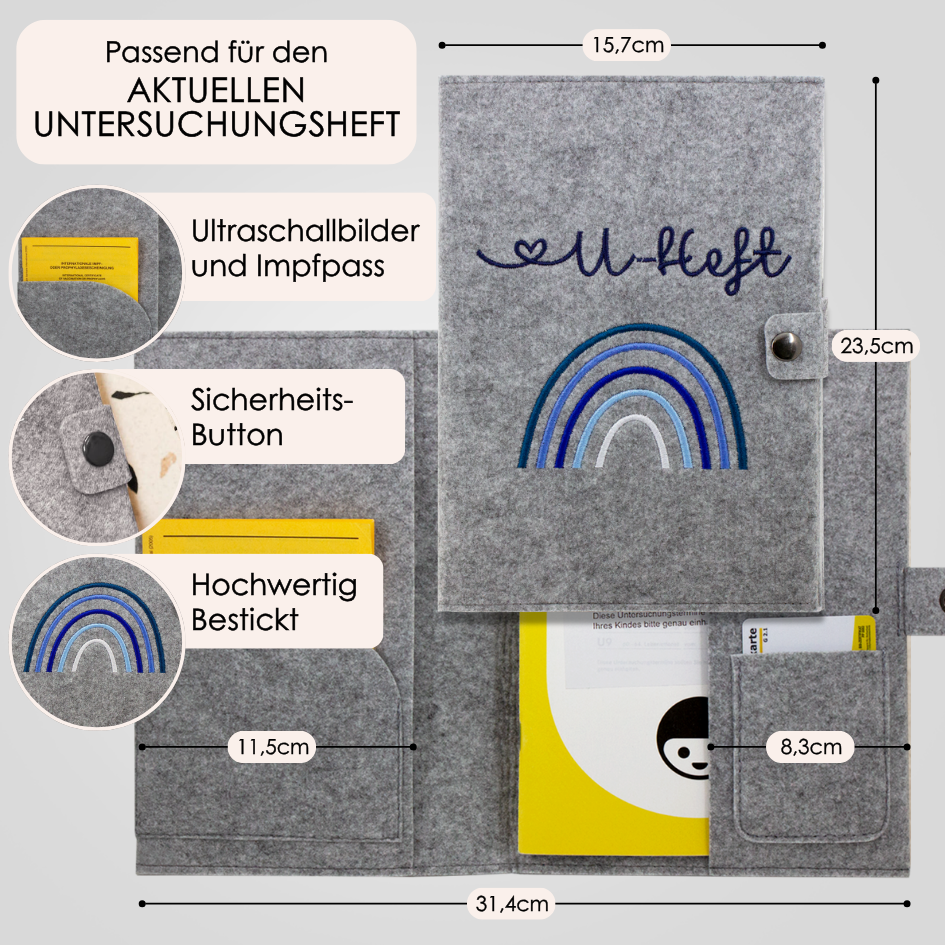 Regenbogen Blau U-Heft und Impfpasshülle aus Filz Ohne Personalisierung