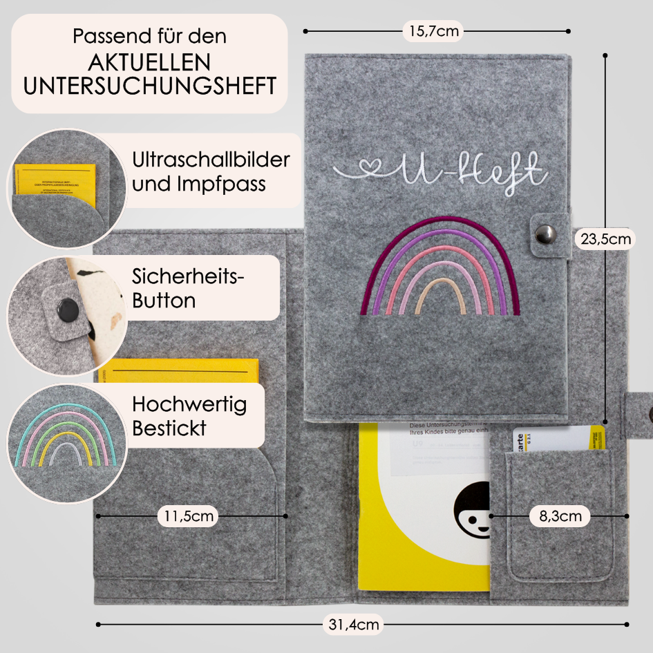 Regenbogen Rosa U-Heft und Impfpasshülle aus Filz Ohne Personalisierung