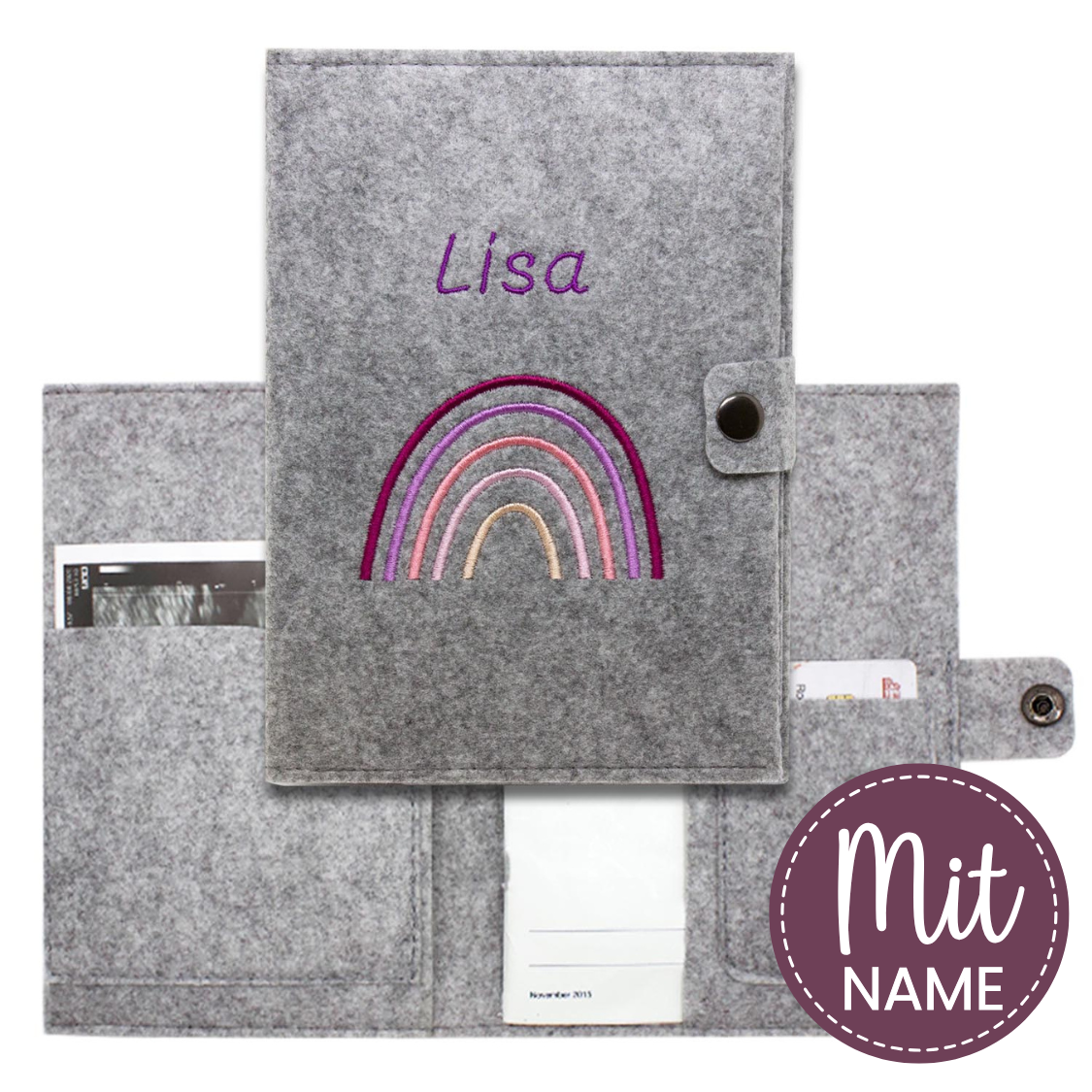 Regenbogen Rosa Mutterpasshülle aus Filz Mit Personalisierung