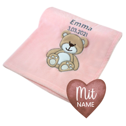 Decke Rosa Mit Bär | Babydecke Bestickt mit Namen und Geburtsdatum