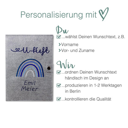 Regenbogen Blau U-Heft und Impfpasshülle aus Filz Mit Personalisierung