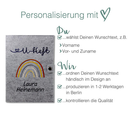 Regenbogen Natural U-Heft und Impfpasshülle aus Filz Mit Personalisierung