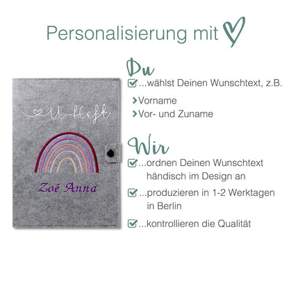 Regenbogen Rosa U-Heft und Impfpasshülle aus Filz Mit Personalisierung