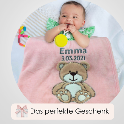 Decke Rosa Mit Bär | Babydecke Bestickt mit Namen und Geburtsdatum