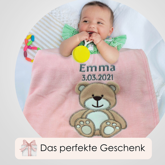Decke Rosa Mit Bär | Babydecke Bestickt mit Namen und Geburtsdatum