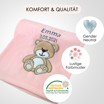 Decke Rosa Mit Bär | Babydecke Bestickt mit Namen und Geburtsdatum