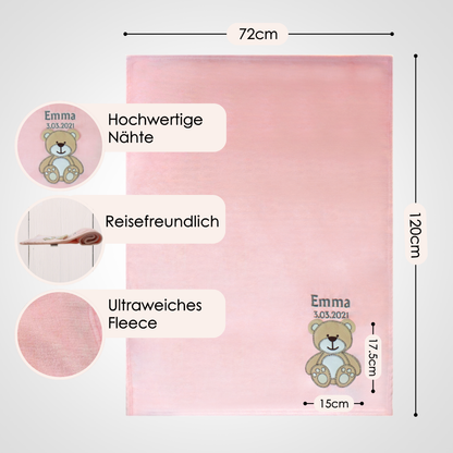 Decke Rosa Mit Bär | Babydecke Bestickt mit Namen und Geburtsdatum