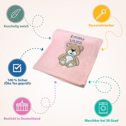 Decke Rosa Mit Bär | Babydecke Bestickt mit Namen und Geburtsdatum