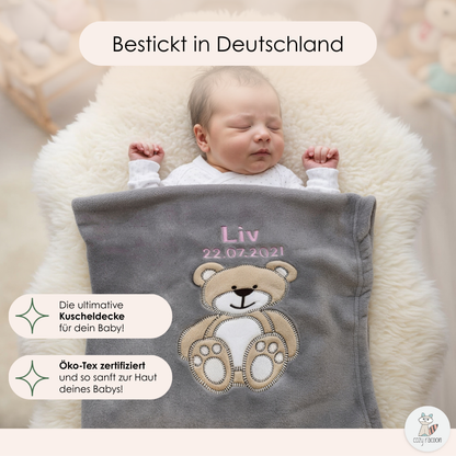 Decke Grau Mit Bär | Babydecke Bestickt mit Namen und Geburtsdatum
