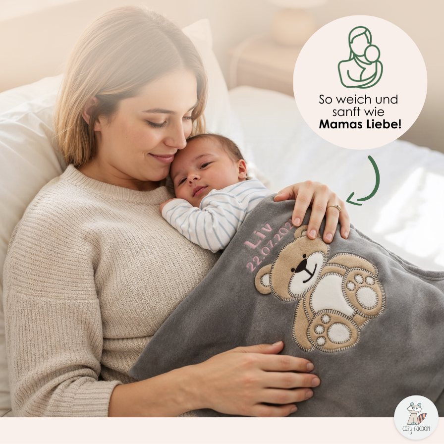 Decke Grau Mit Bär | Babydecke Bestickt mit Namen und Geburtsdatum