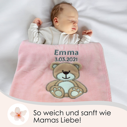Decke Rosa Mit Bär | Babydecke Bestickt mit Namen und Geburtsdatum