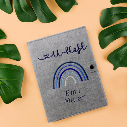 Regenbogen Blau U-Heft und Impfpasshülle aus Filz Mit Personalisierung