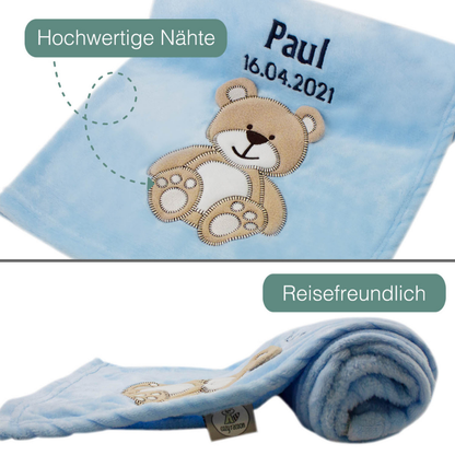 Decke Blau Mit Bär | Babydecke Bestickt mit Namen und Geburtsdatum