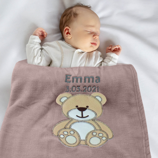 Decke Altrosa Mit Bär | Babydecke Bestickt mit Namen und Geburtsdatum