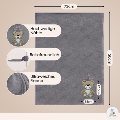 Decke Grau Mit Bär | Babydecke Bestickt mit Namen und Geburtsdatum