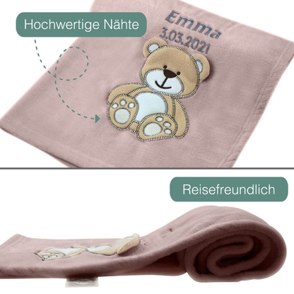 Decke Altrosa Mit Bär | Babydecke Bestickt mit Namen und Geburtsdatum