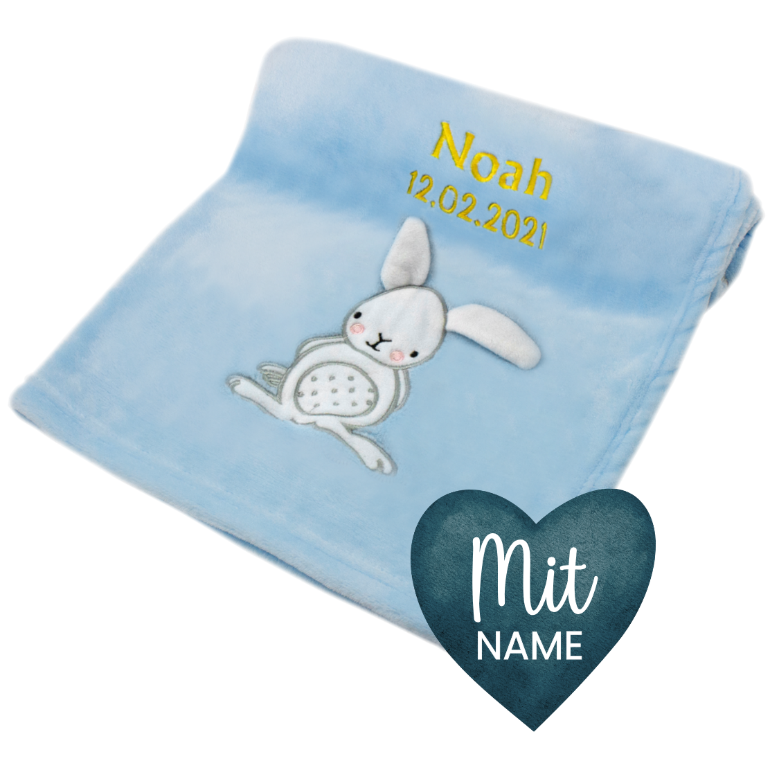 Decke Blau Mit Hase | Babydecke Bestickt mit Namen und Geburtsdatum