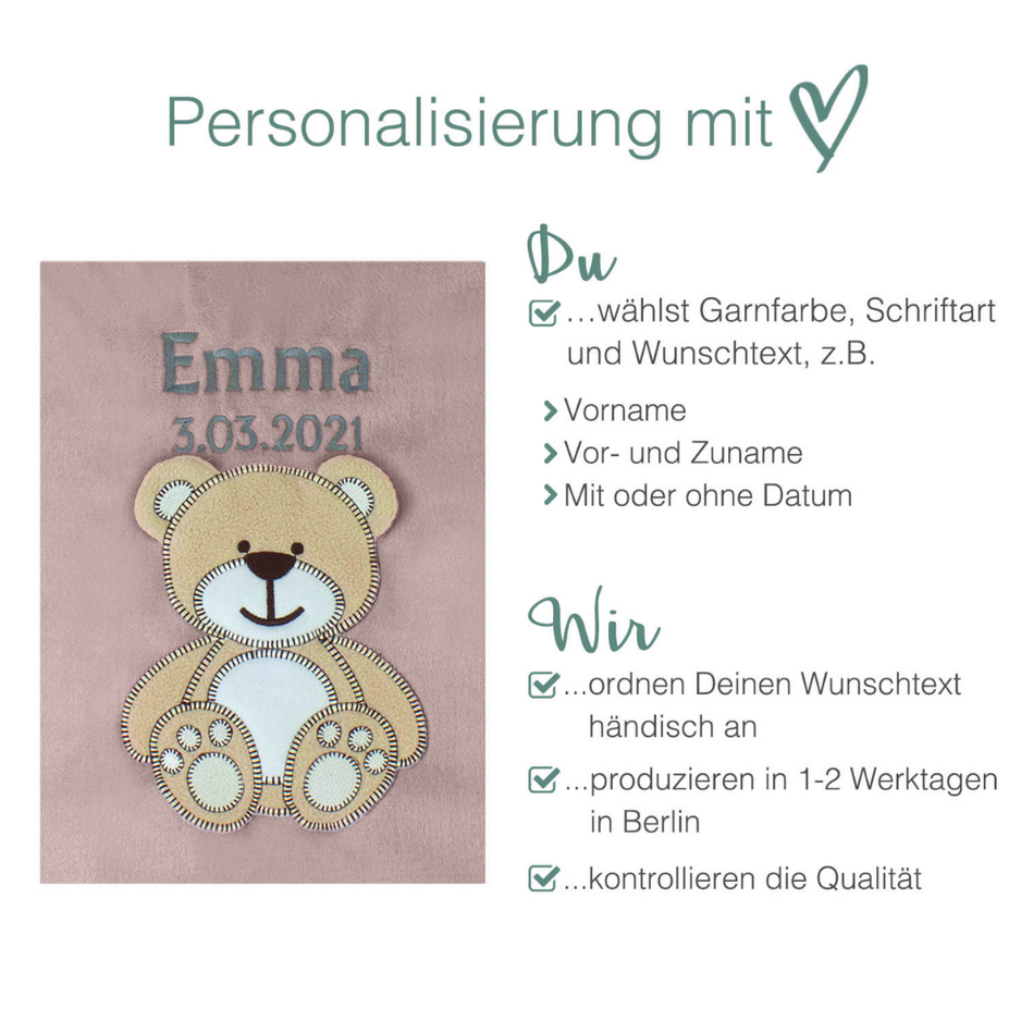 Decke Altrosa Mit Bär | Babydecke Bestickt mit Namen und Geburtsdatum
