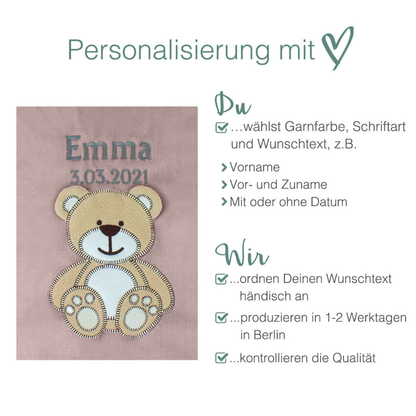 Decke Altrosa Mit Bär | Babydecke Bestickt mit Namen und Geburtsdatum
