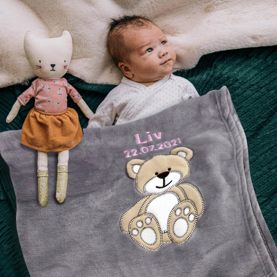 Decke Altrosa Mit Bär | Babydecke Bestickt mit Namen und Geburtsdatum