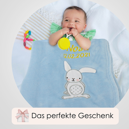 Decke Blau Mit Hase | Babydecke Bestickt mit Namen und Geburtsdatum