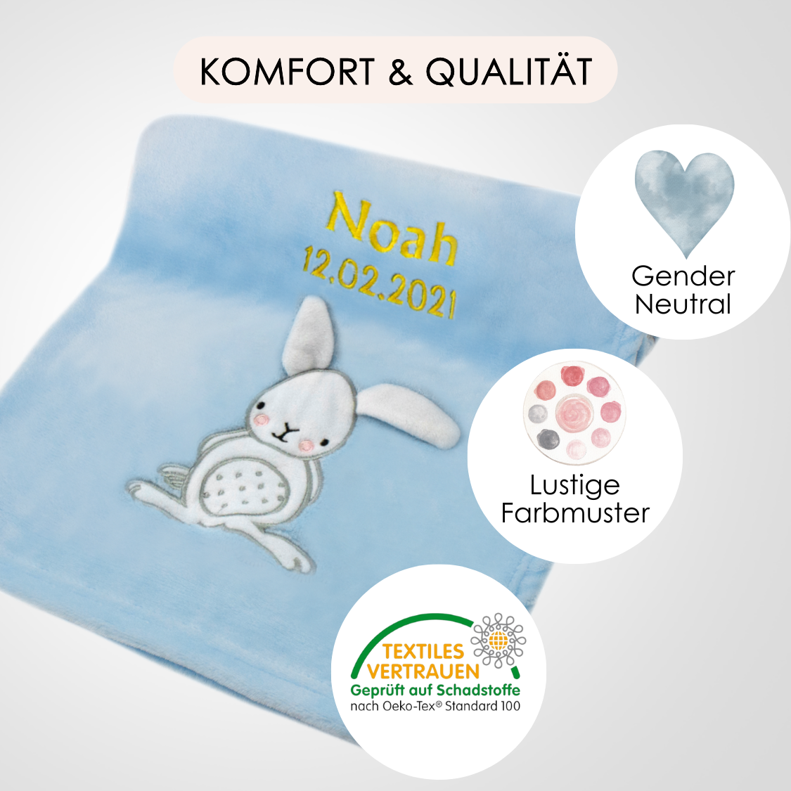 Decke Blau Mit Hase | Babydecke Bestickt mit Namen und Geburtsdatum
