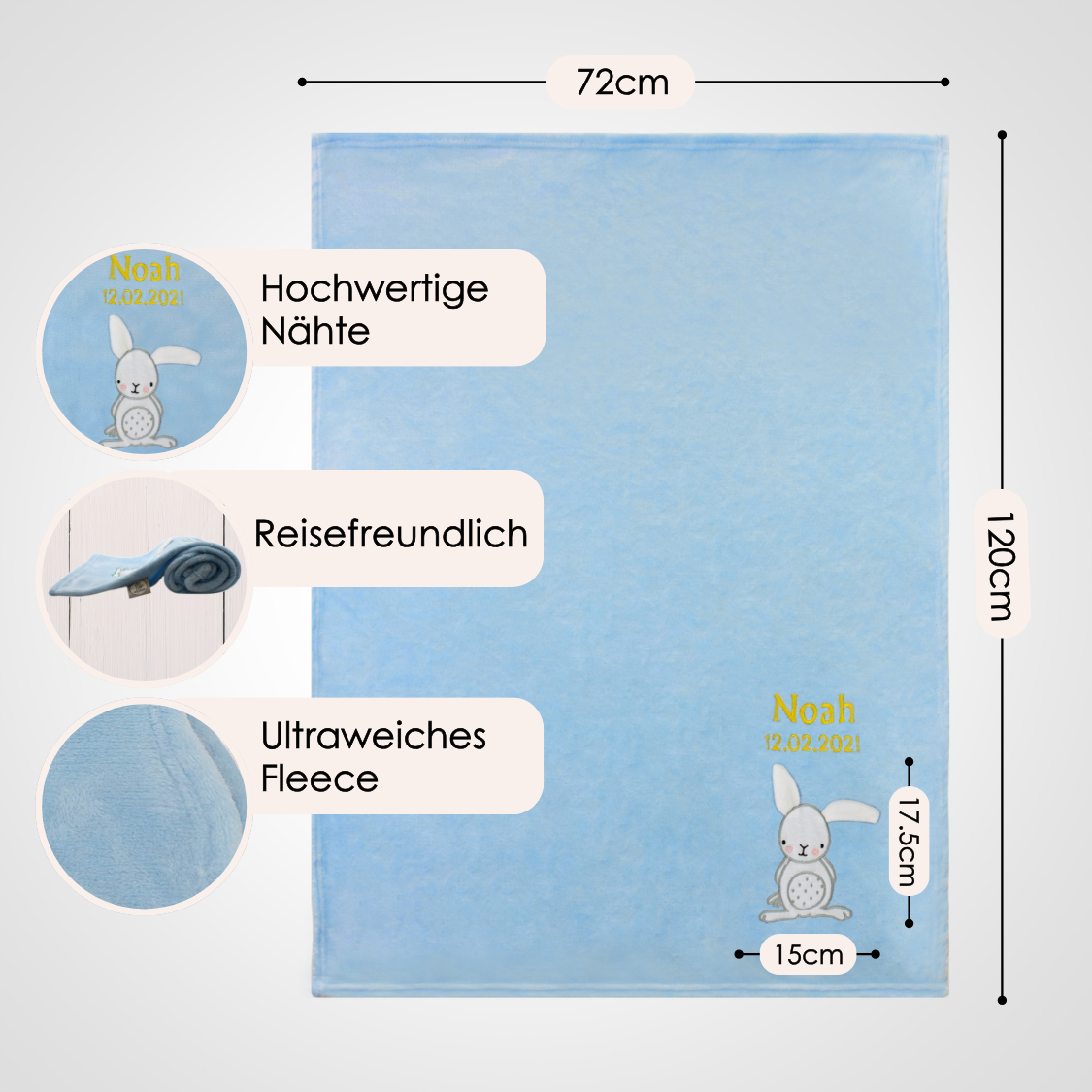 Decke Blau Mit Hase | Babydecke Bestickt mit Namen und Geburtsdatum