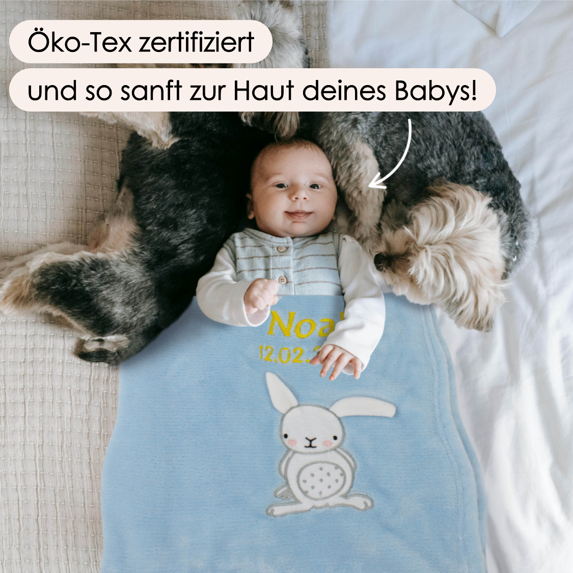 Decke Blau Mit Hase | Babydecke Bestickt mit Namen und Geburtsdatum